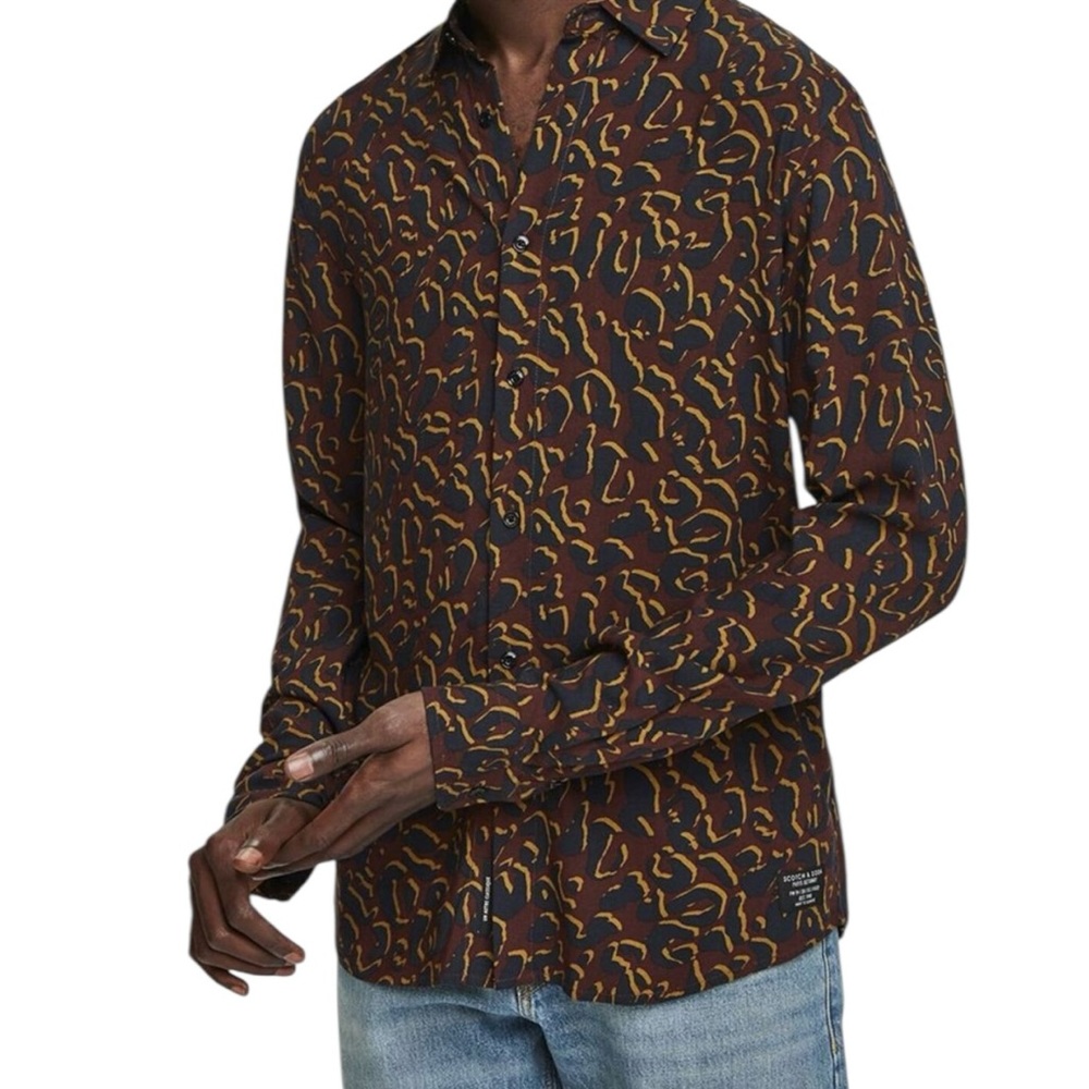 Scotch & Soda Mens Button Down Print Burgundy Black Sz M